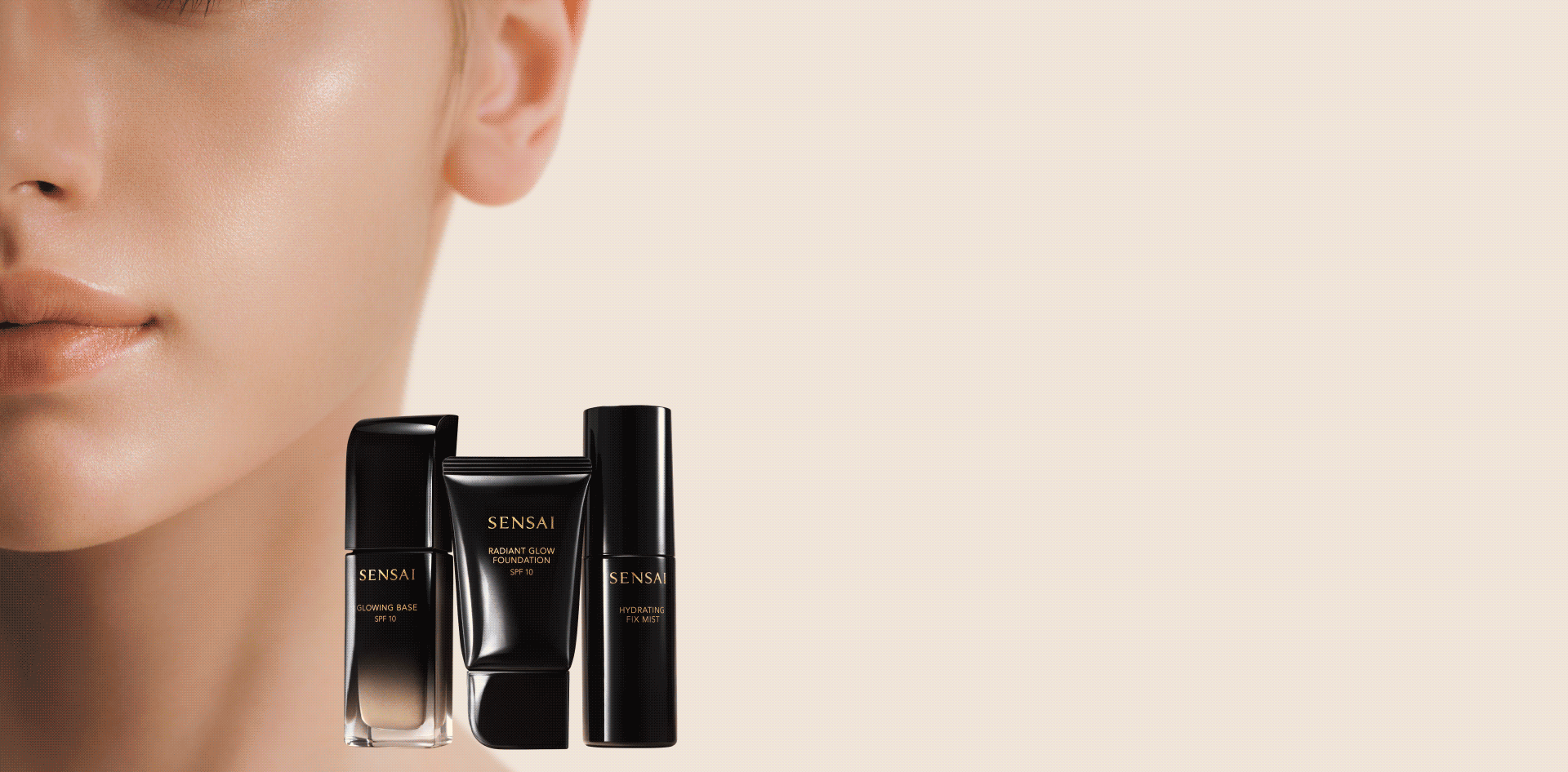 Close-up of a radiant looking cheek with three foundation products at the bottom right. Shiny black tube of foundation centered on a creamy foundation texture backdrop.