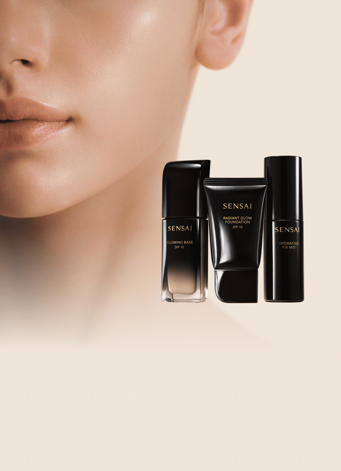 Close-up of a radiant looking cheek with three foundation products at the bottom right. Shiny black tube of foundation centered on a creamy foundation texture backdrop.