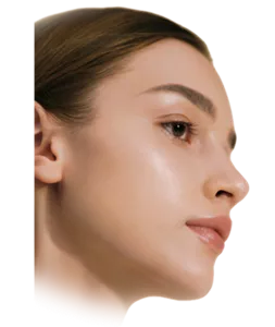 A model's profile displays smooth, radiant skin with a soft background